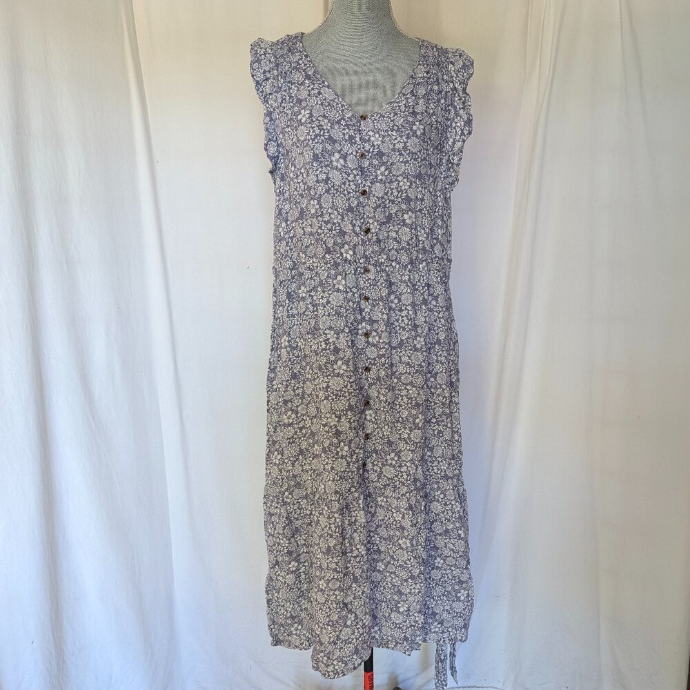SONOMA-PURPLE/WHITE-FLORAL-V-NECK-BUTTON-RUFFLE HEM-MAXI DRESS-SIZE-XL